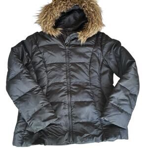 Womens Coat Size Large Black Fox Tail Fur Trim Puffer Down Jacket Winter Cold